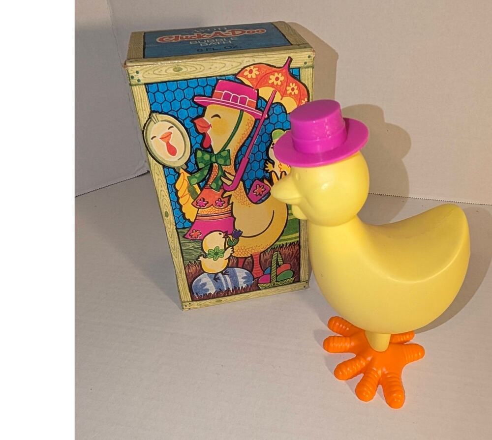 Vintage Avon Cluck A Doo Yellow Chicken Bubble Bath Bottle, Stickers & Box